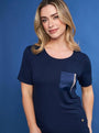 T-shirt girocollo in jersey di viscosa elasticizzata con taschino in raso con micro catene BLU DORABELLA XXL