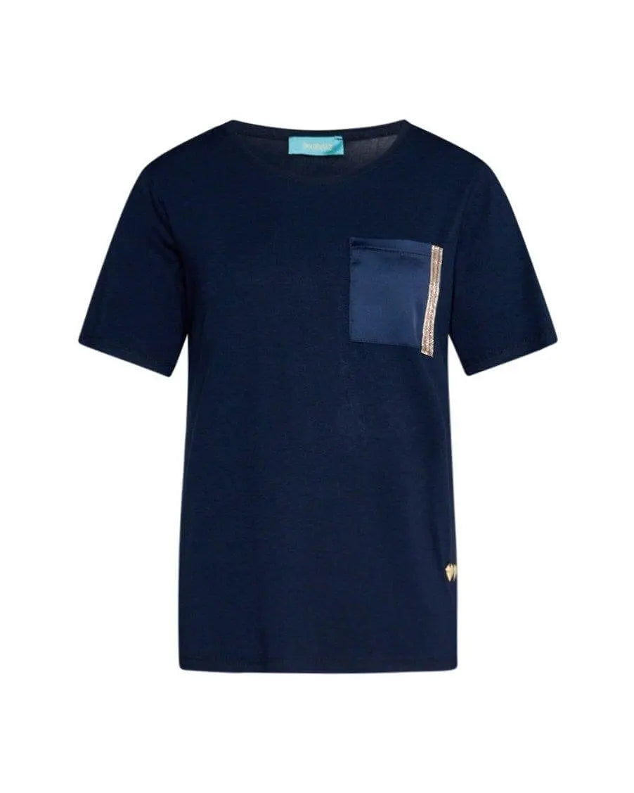 T-shirt girocollo in jersey di viscosa elasticizzata con taschino in raso con micro catene BLU DORABELLA