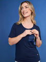 T-shirt girocollo in jersey di viscosa elasticizzata con taschino in raso con micro catene BLU DORABELLA