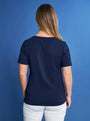 T-shirt girocollo in jersey di viscosa elasticizzata con taschino in raso con micro catene BLU DORABELLA