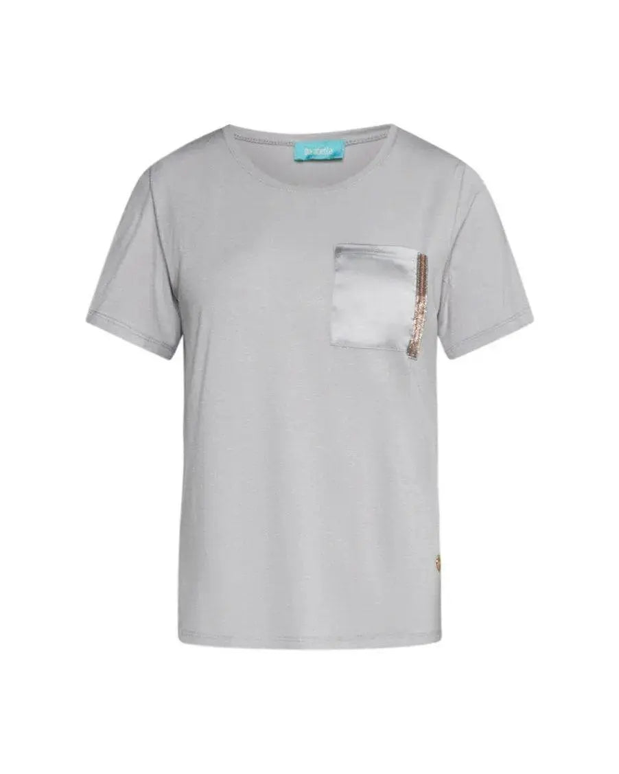 T-shirt girocollo in jersey di viscosa elasticizzata con taschino in raso con micro catene GREY DORABELLA