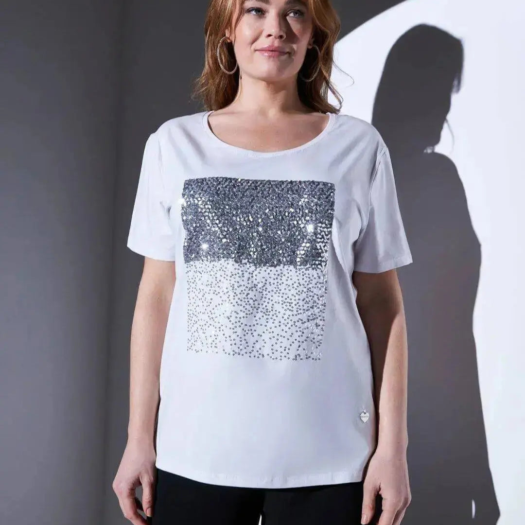 T-shirt in jersey di cotone elasticizzato con applicazioni di paillettes sul davanti BIANCO DORABELLA PIU' XXXL