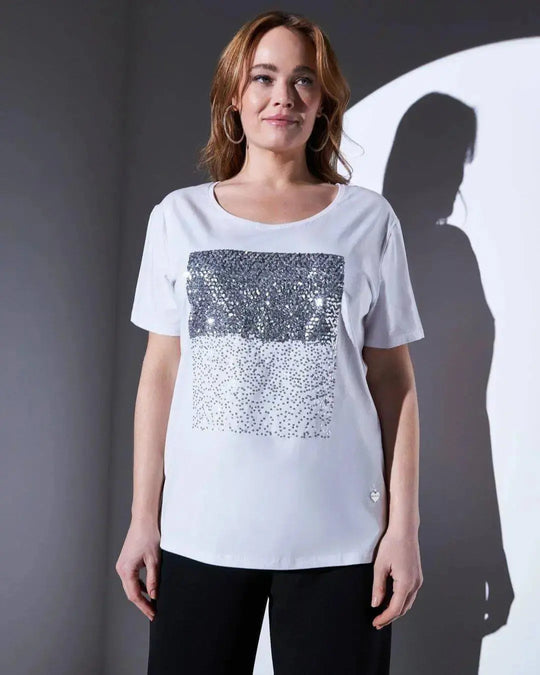 T-shirt in jersey di cotone elasticizzato con applicazioni di paillettes sul davanti BIANCO DORABELLA PIU' XXXL