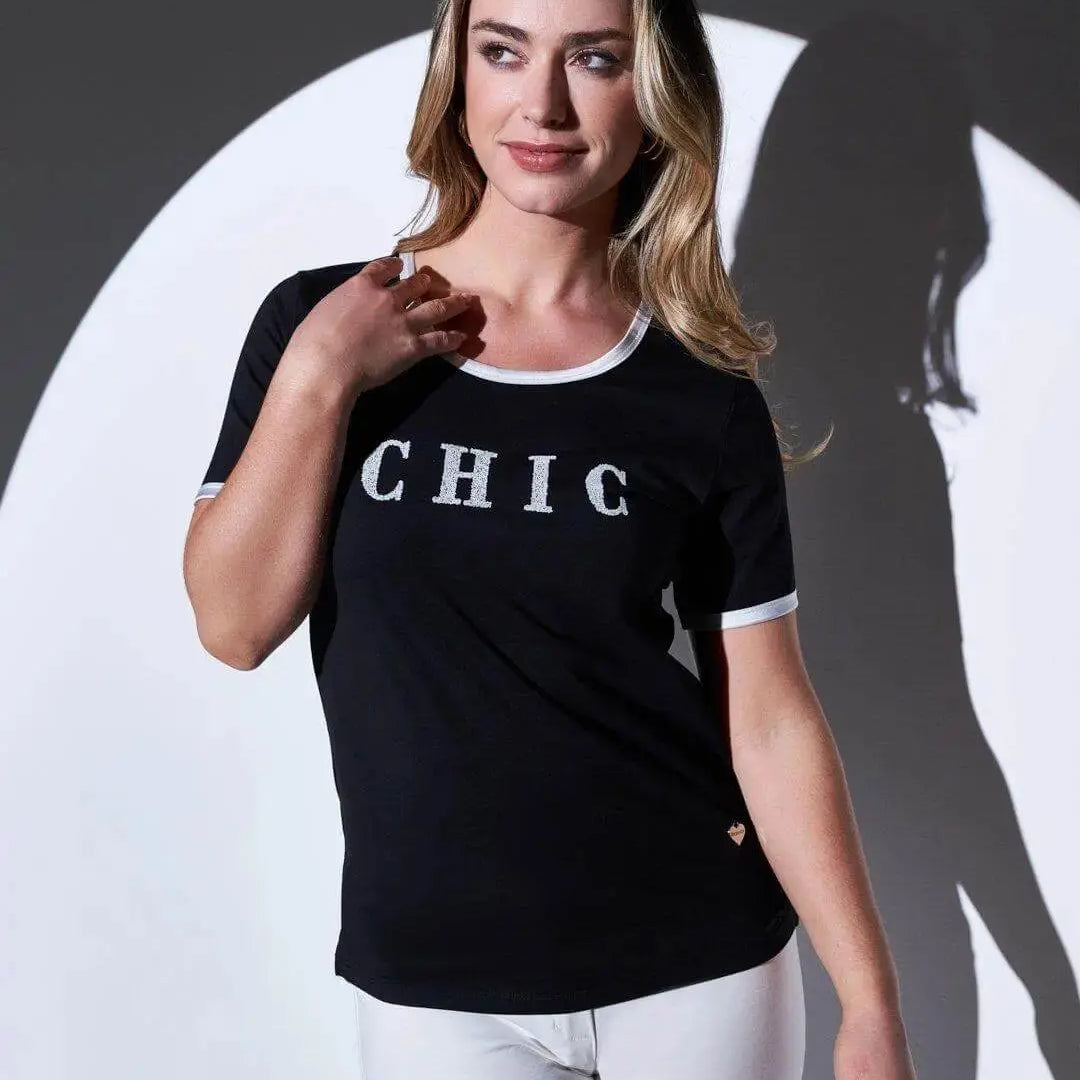 T-shirt in jersey di cotone elasticizzato con profili in satin e slogan in paillettes BLACK DORABELLA XL