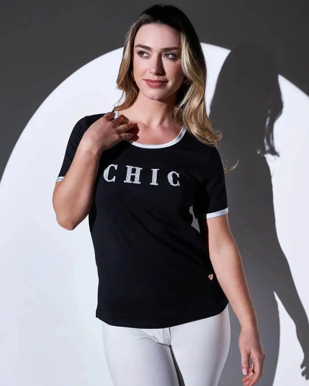 T-shirt in jersey di cotone elasticizzato con profili in satin e slogan in paillettes BLACK DORABELLA XL