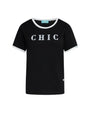 T-shirt in jersey di cotone elasticizzato con profili in satin e slogan in paillettes BLACK DORABELLA