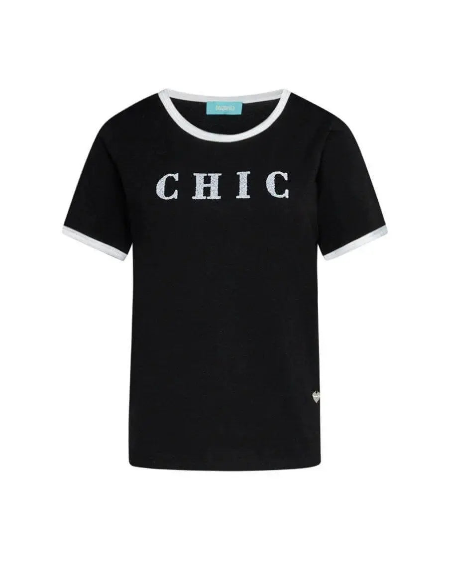 T-shirt in jersey di cotone elasticizzato con profili in satin e slogan in paillettes BLACK DORABELLA