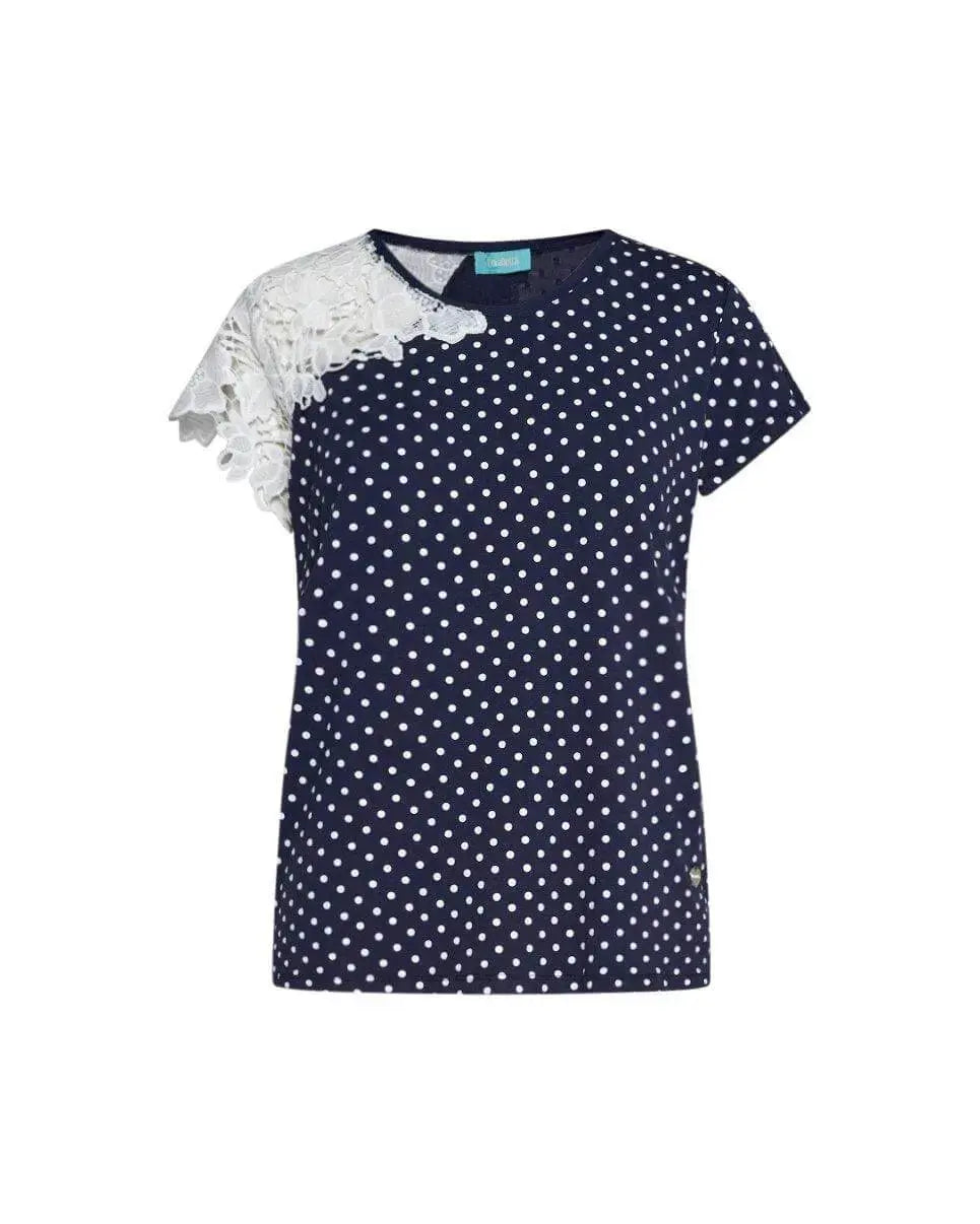 T-shirt in jersey di viscosa stampa pois con inserto in pizzo macramé BLU DORABELLA