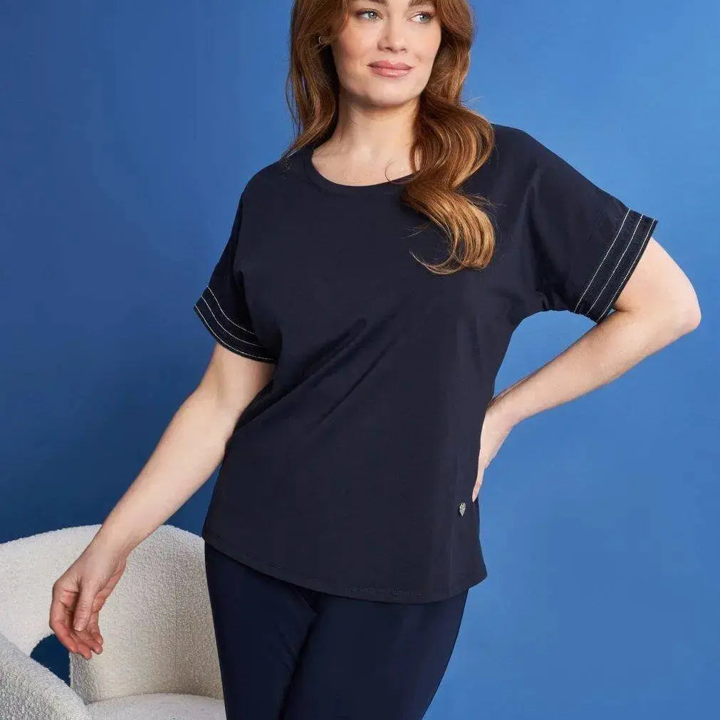 T-shirt kimono in jersey di cotone elasticizzato con micro catene BLU DORABELLA PIU' XXL