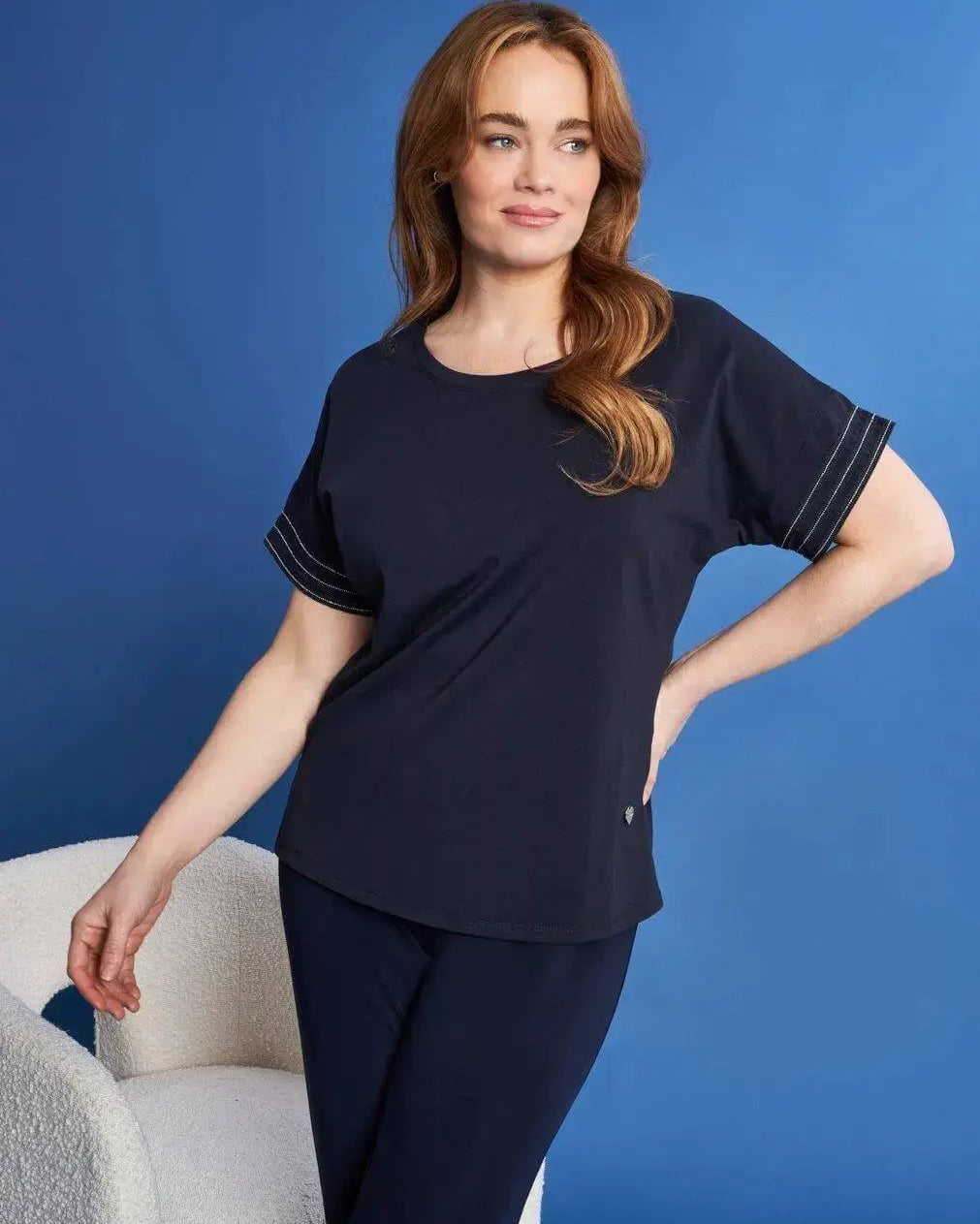 T-shirt kimono in jersey di cotone elasticizzato con micro catene BLU DORABELLA PIU' XXL