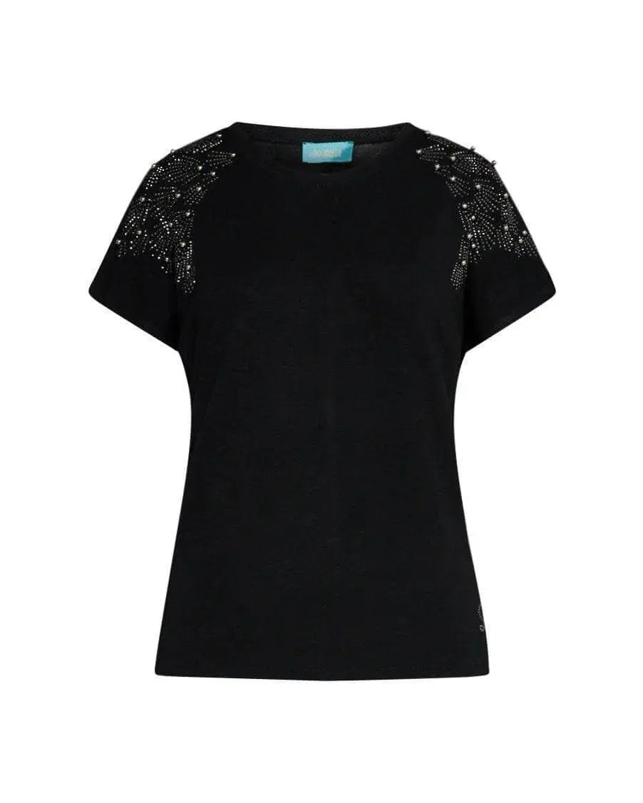 T-shirt kimono in jersey di viscosa elasticizzata con strass sulle spalle BLACK DORABELLA