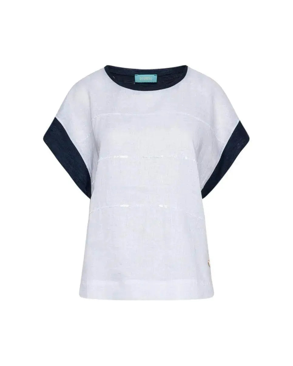 T-shirt kimono in lino con retro in jersey e applicazioni di paillettes BIANCO DORABELLA