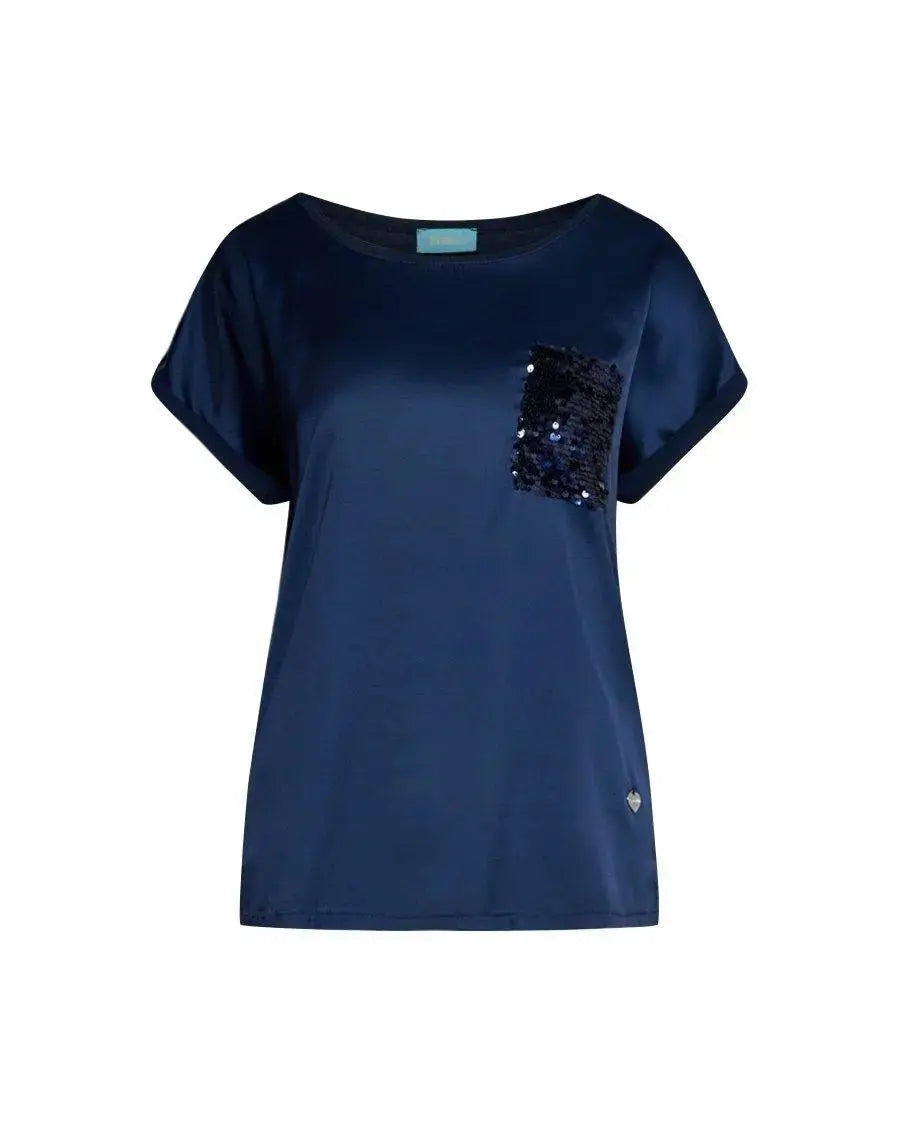 T-shirt kimono in raso con retro in jersey e tasca in paillettes BLU DORABELLA