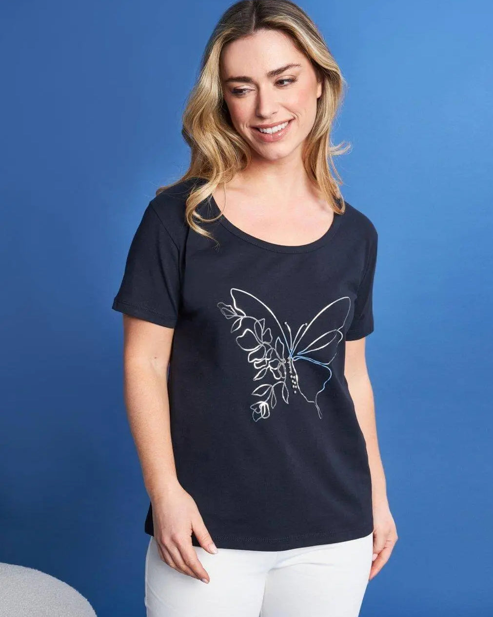 T-shirt mezza manica in jersey di cotone elasticizzato con stampa farfalla in lamina BLUE NAVY DORABELLA XL
