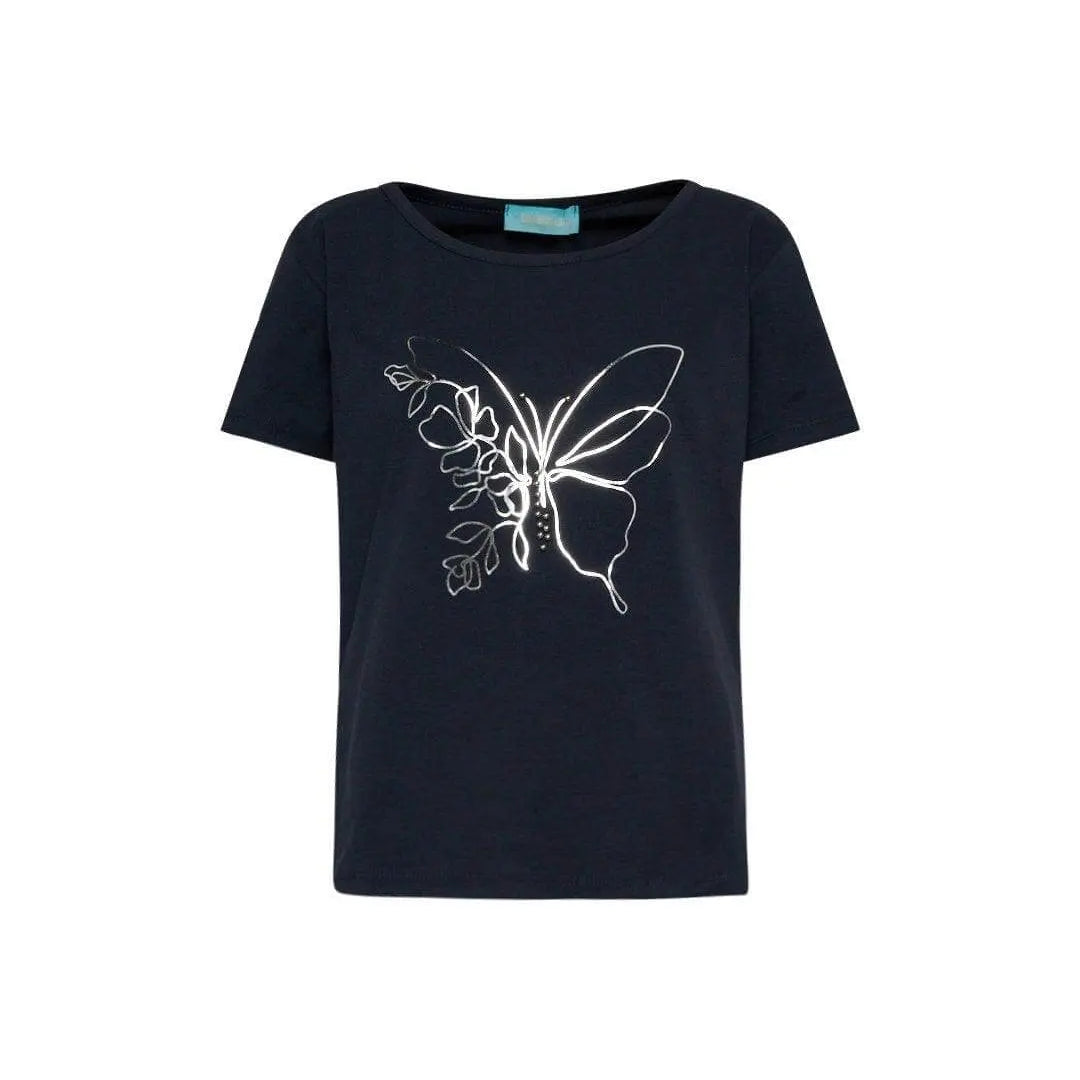 T-shirt mezza manica in jersey di cotone elasticizzato con stampa farfalla in lamina BLUE NAVY DORABELLA