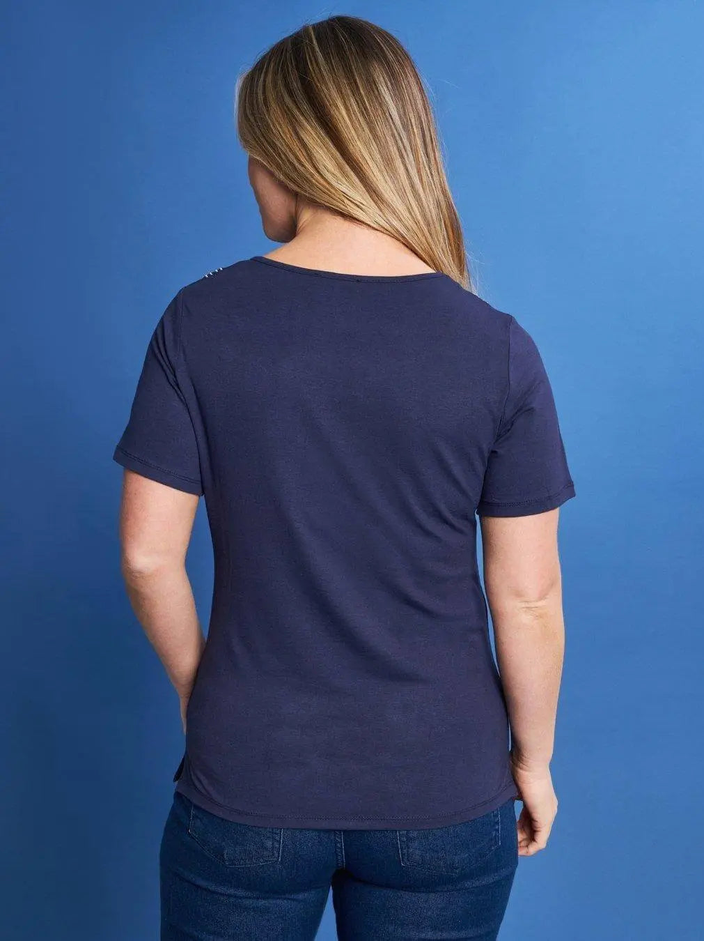 T-shirt mezza manica in jersey di viscosa elasticizzata con ricami lurex BLU DORABELLA