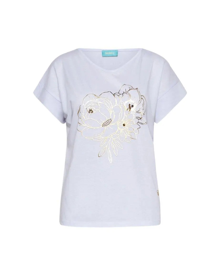 T-shirt scollo a V in jersey di cotone e viscosa con stampa in lamina e cristalli BIANCO DORABELLA