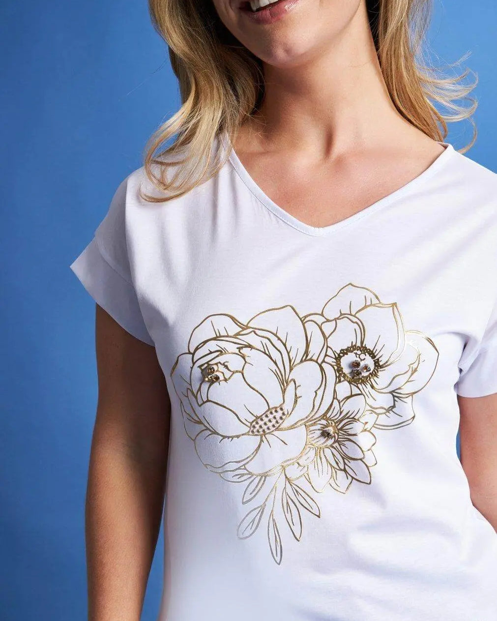 T-shirt scollo a V in jersey di cotone e viscosa con stampa in lamina e cristalli BIANCO DORABELLA