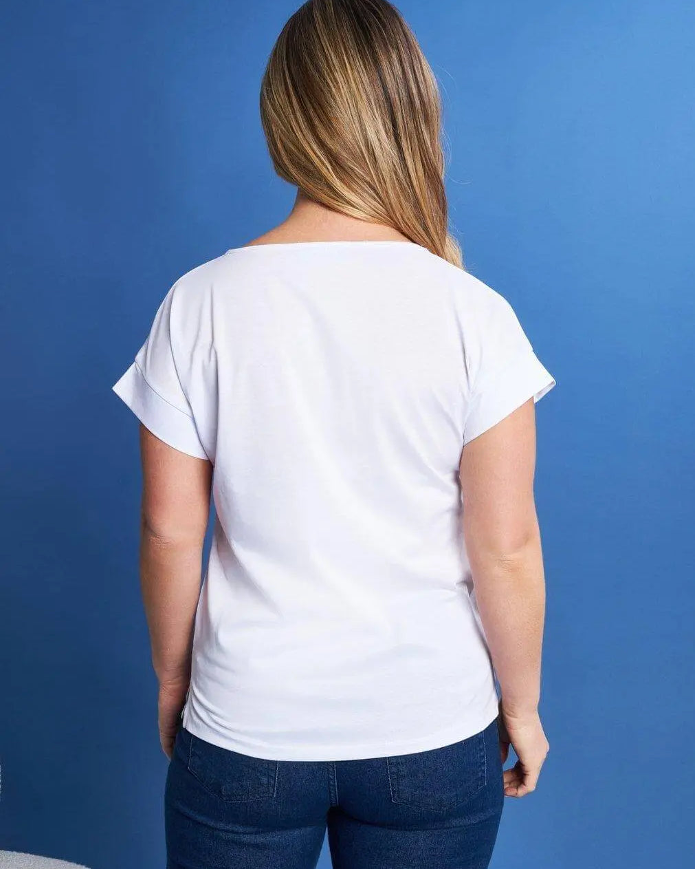 T-shirt scollo a V in jersey di cotone e viscosa con stampa in lamina e cristalli BIANCO DORABELLA