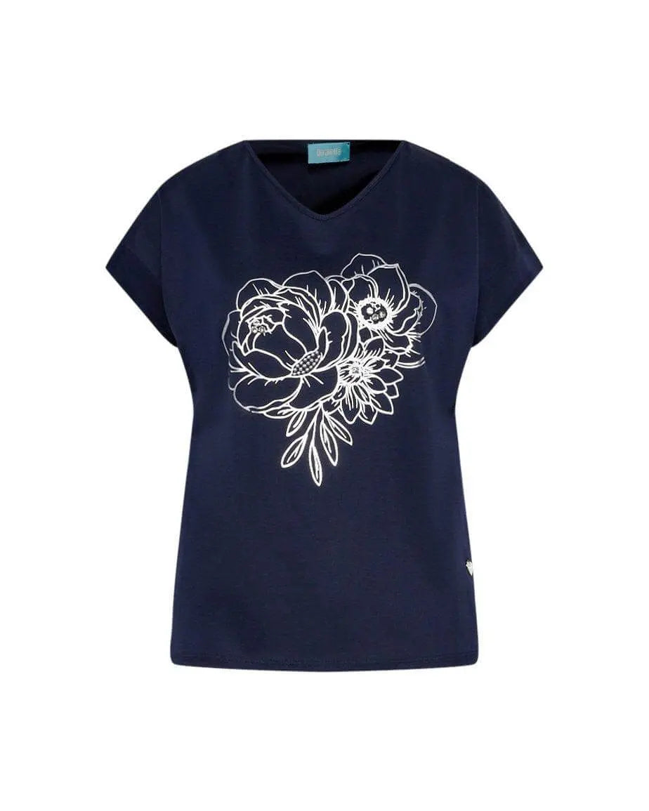 T-shirt scollo a V in jersey di cotone e viscosa con stampa in lamina e cristalli BLU DORABELLA